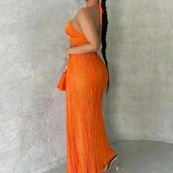 Orange Sexy Women's Crisscross Tie Backless Halter Swing Dress - Picture 7 of 7
